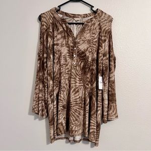 Coral Bay Women’s Brown Tan Button Down Flare Sleeve Open Shoulder Blouse 1X
